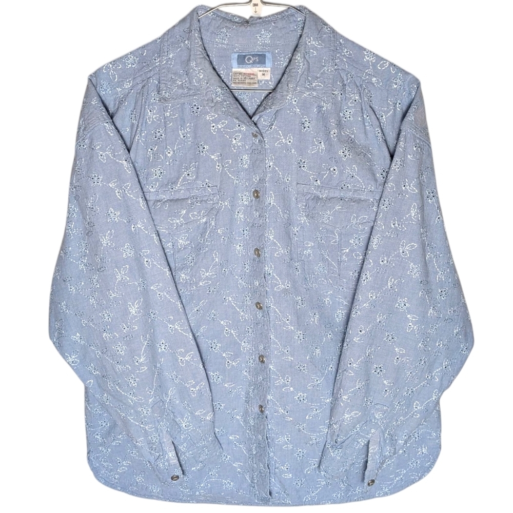 QPS Vintage Chambray Shirt Blue Long Sleeve Medium Embroidered Eyelet Button-Up